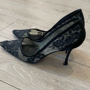 Manolo Blahnik Lace and Black Satin Heels